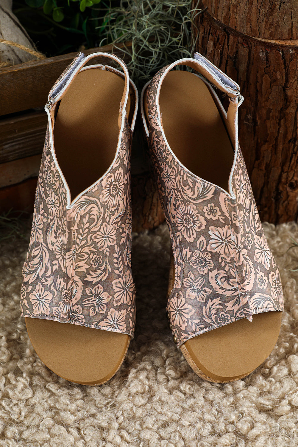 Light French Beige Floral Print Hollowed Strappy Wedged Sandals