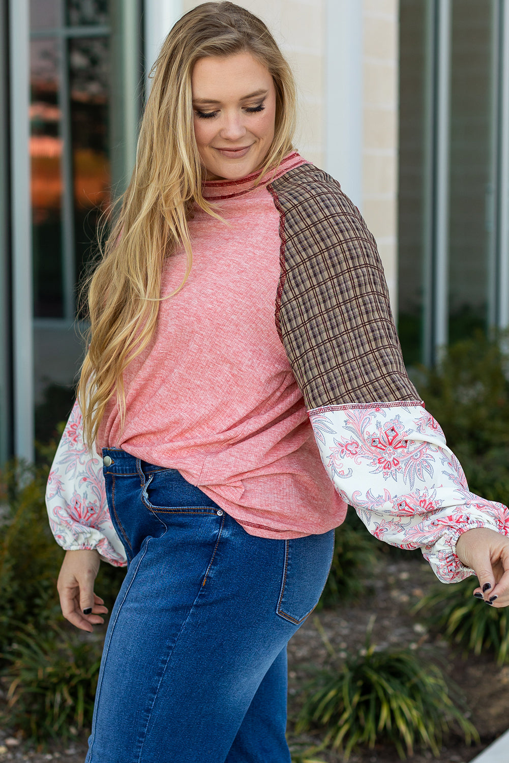 Fushia Mixed Print Raglan Sleeve Ribbed Knit Patchwork Blouse