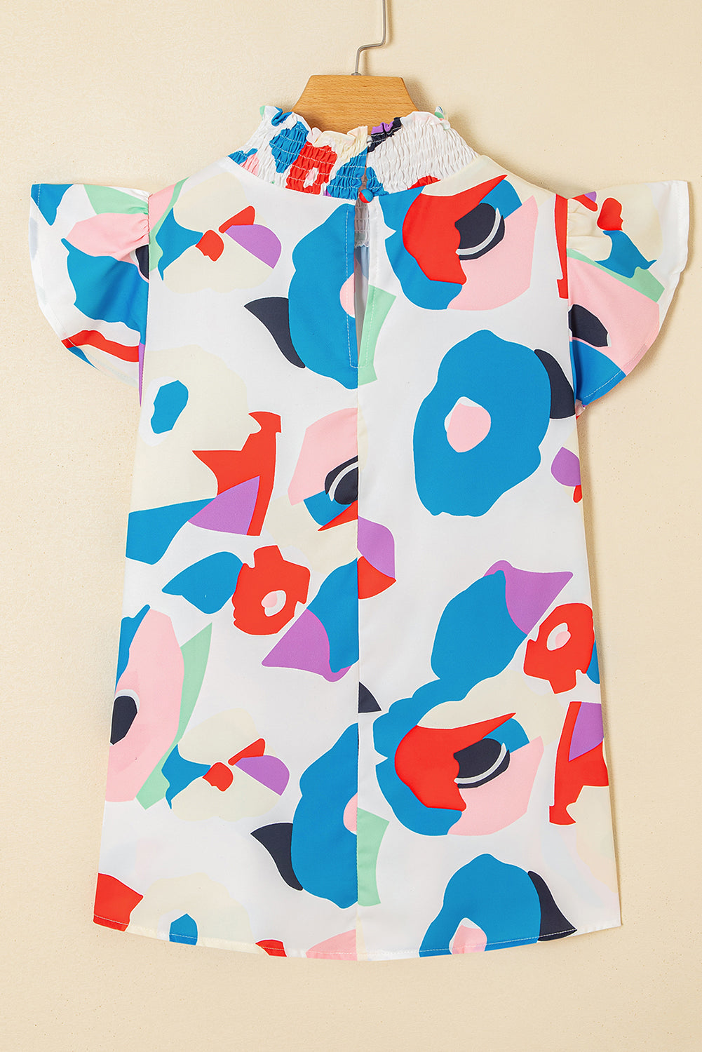 Multicolor Abstract Print Ruffle Sleeve Smocked Blouse