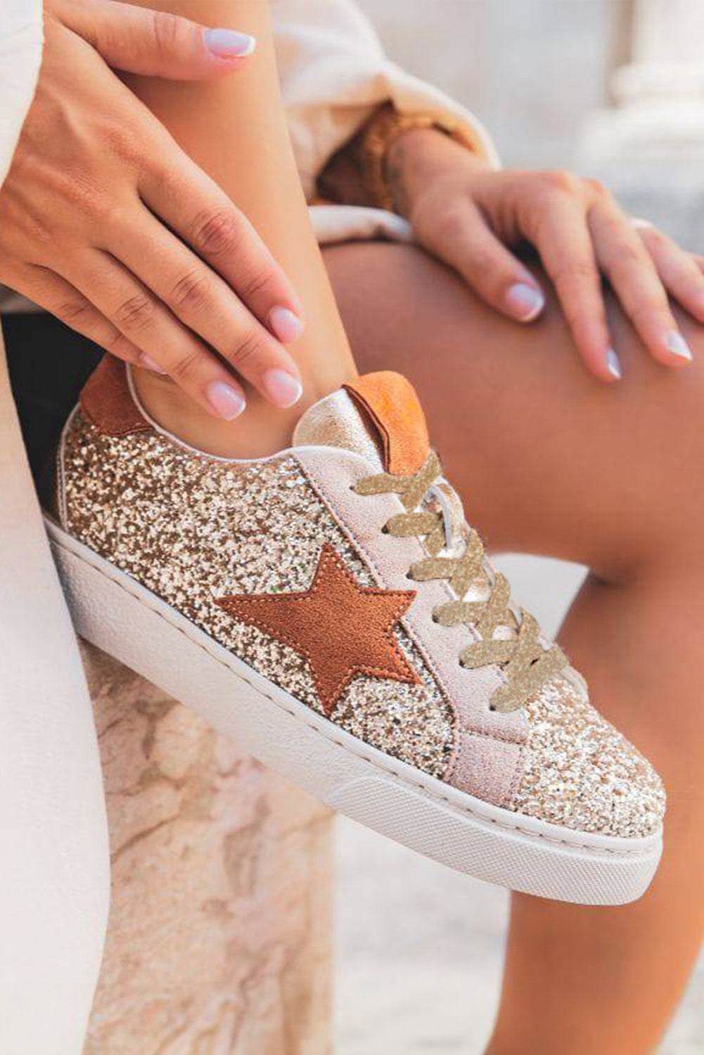 Dearlove Gold Glitter Star Patchwork PU Leather Lace-up Sneakers