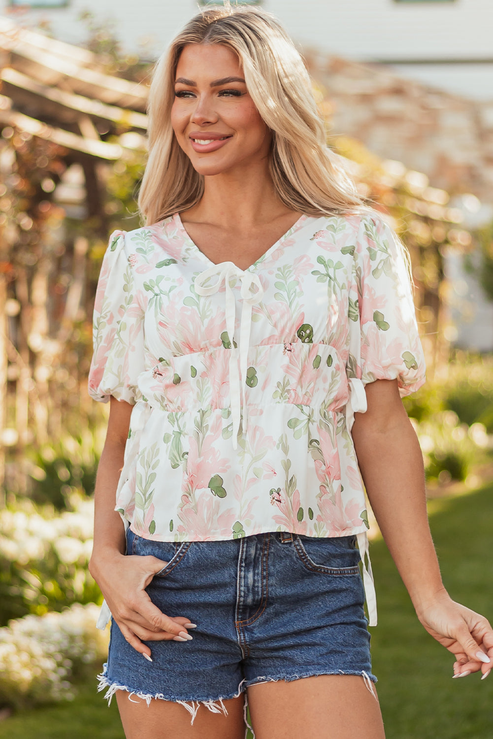 Pink Plus Size Floral Print Striped Detail Short Summer Dress