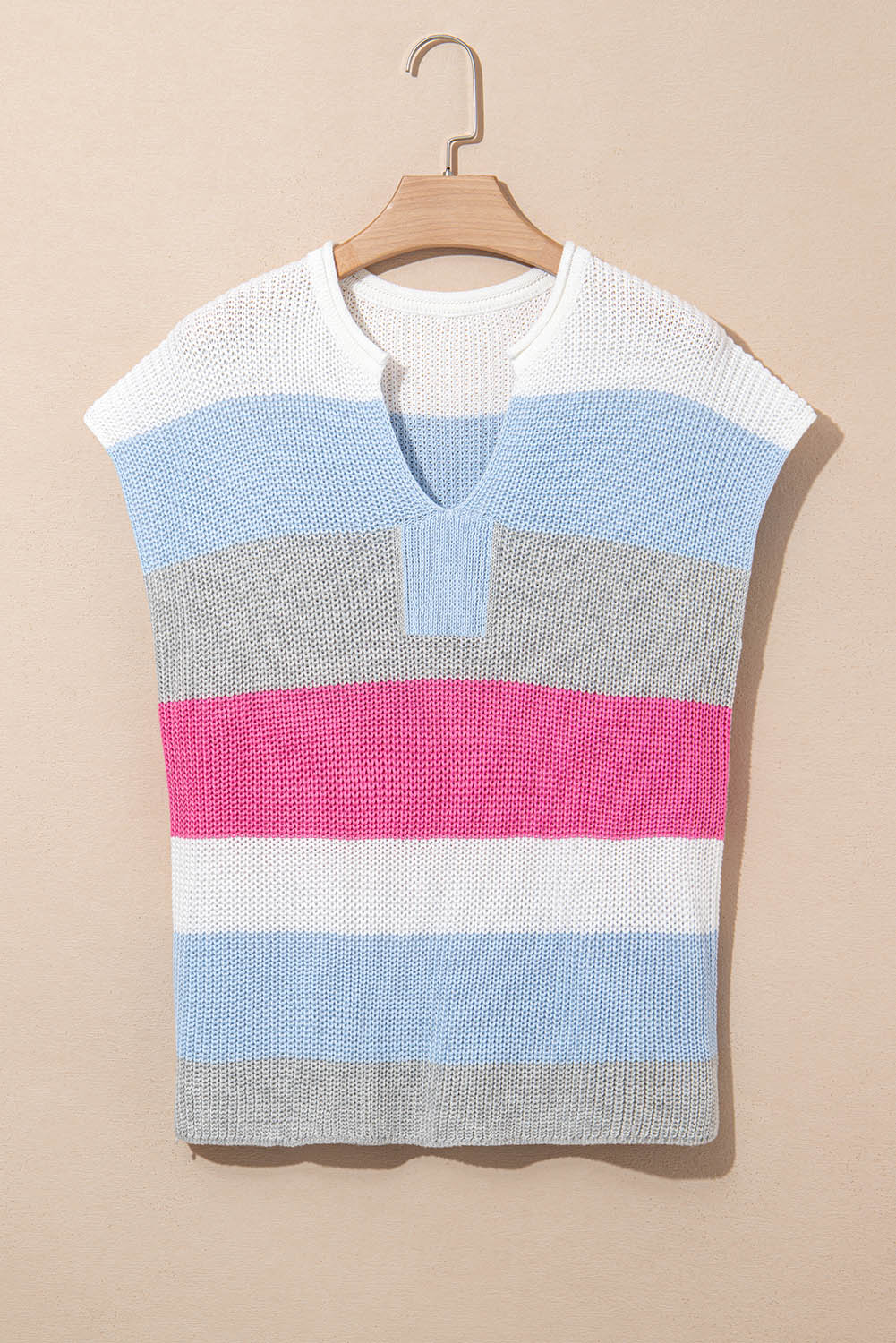 Pink Color Block Notch V Neck Sweater T Shirt