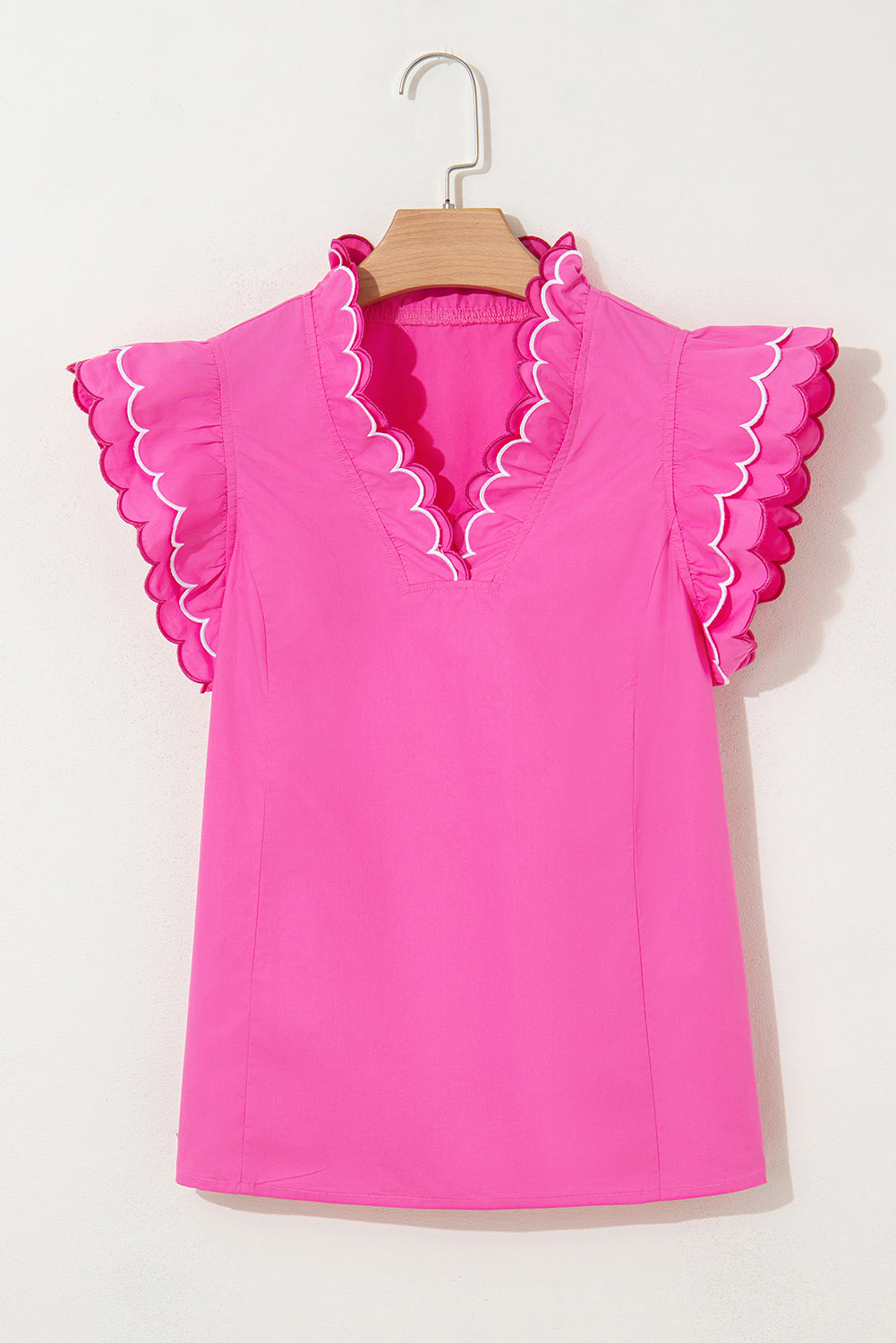 Blue Wild Flower Print Contrast Trim Scallop Detail Short Sleeve Blouse