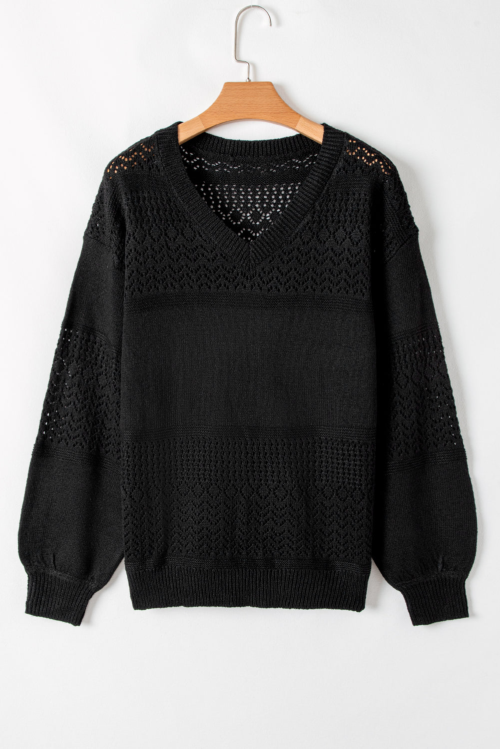 Sky Blue Eyelet Pattern Detail V Neck Drop Shoulder Sweater