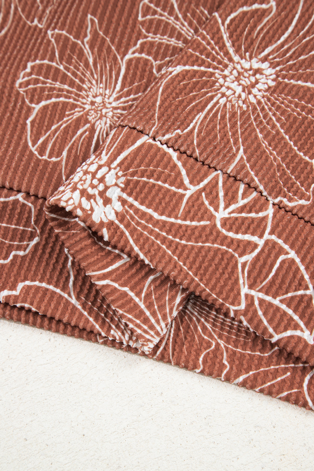 Brown Floral Twisted Rib Drawstring Kangaroo Pocket Hoodie
