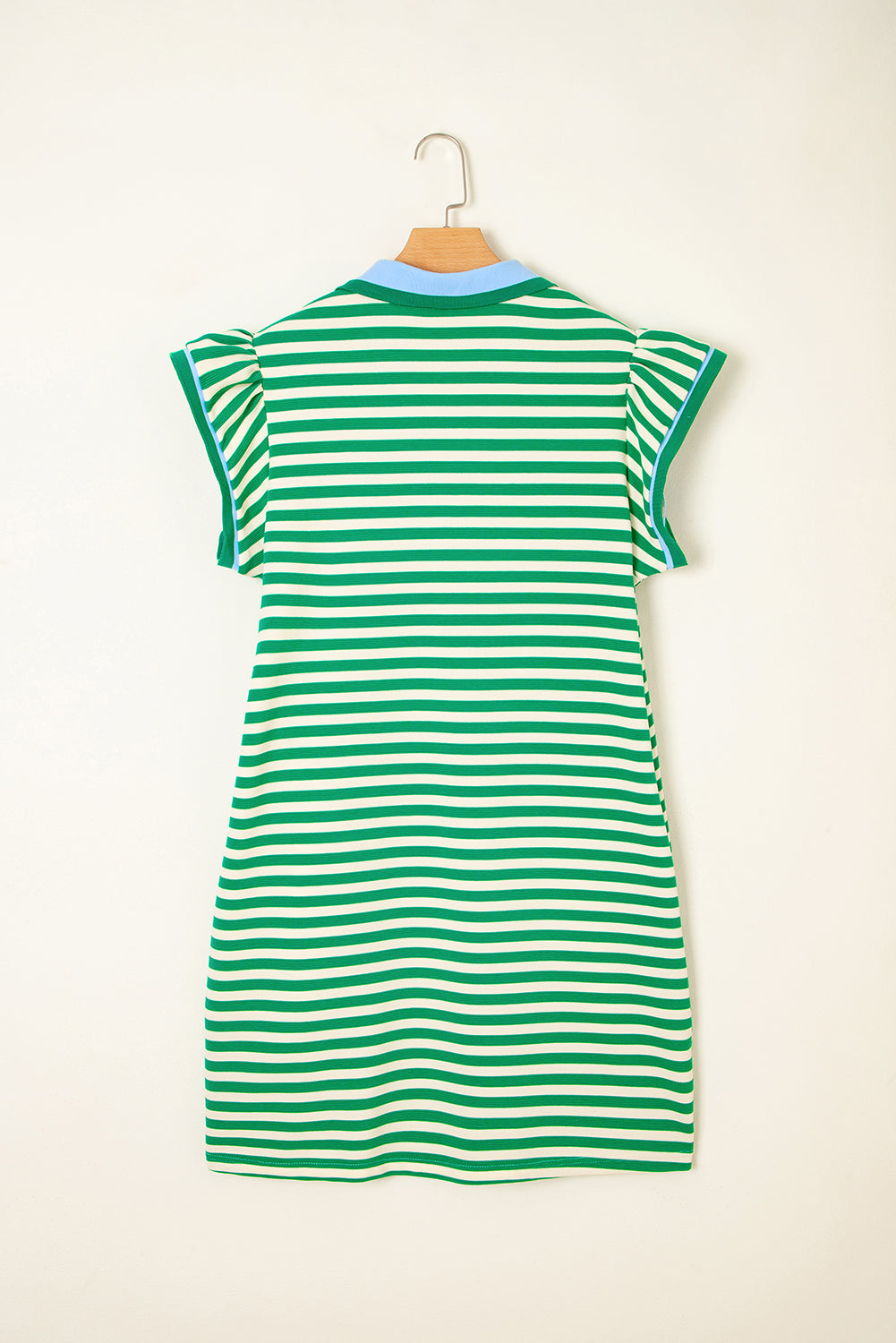 Sachet Pink Stripe Print Contrast Collar Split Neck Flutter Sleeve Short Dress
