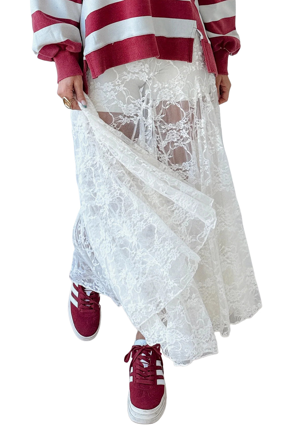 White Sheer Floral Lace Flowy Maxi Skirt