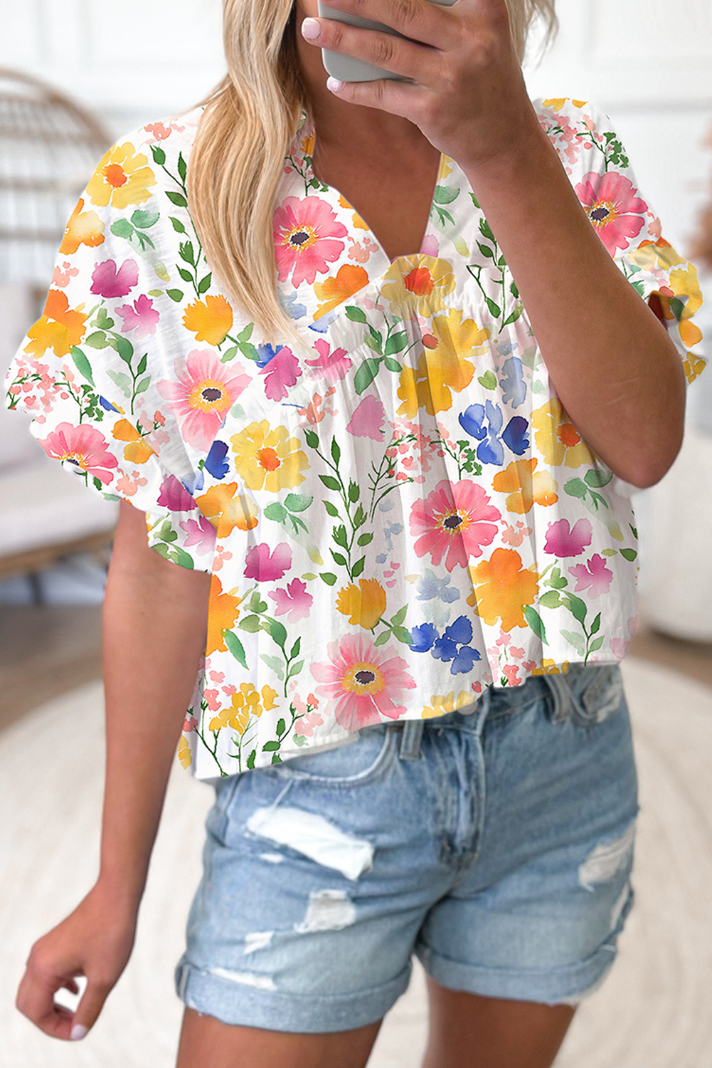 Pink Floral Boxy Fit Ruffled Short Sleeve V Neck Blouse