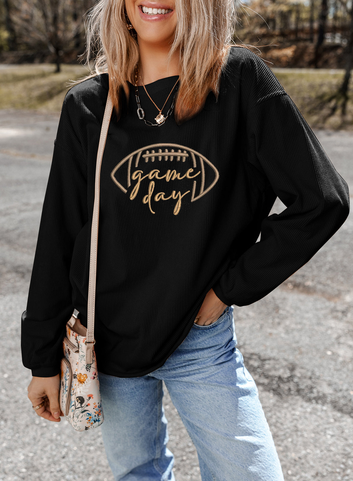 Apricot Rugby Game Day Embroidered Corduroy Sweatshirt