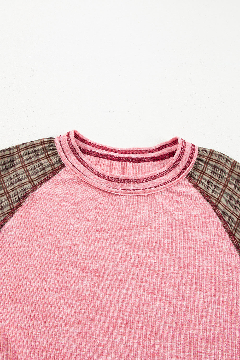 Fushia Mixed Print Raglan Sleeve Ribbed Knit Patchwork Blouse
