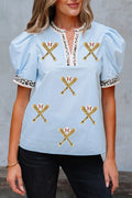 Beau Blue Sequin Baseball Set Contrast Leopard Trim Short Puff Sleeve Blouse