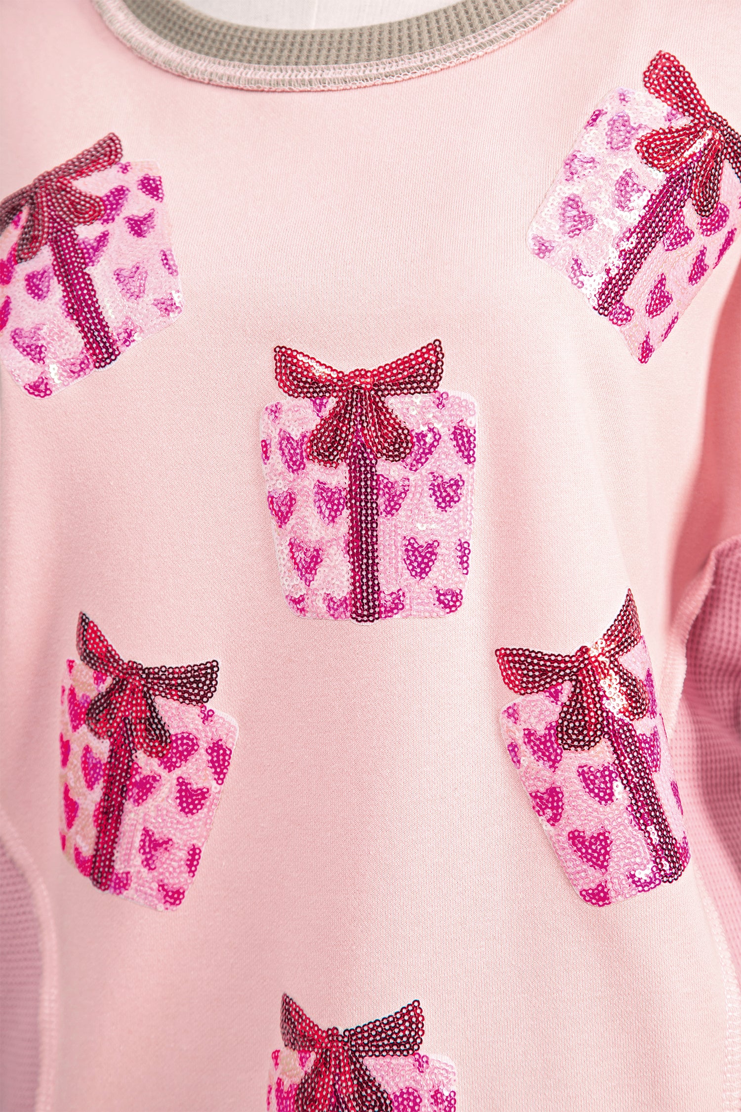 Light Pink Sequin Valentines Heart Gift Box Waffle Color Block Patchwork Sweatshirt