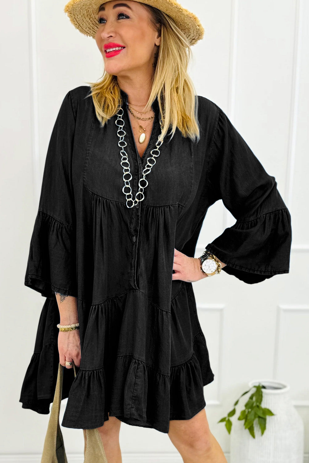 Sky Blue Chambray Ruffled 3/4 Sleeve Tiered Split V Neck Mini Dress