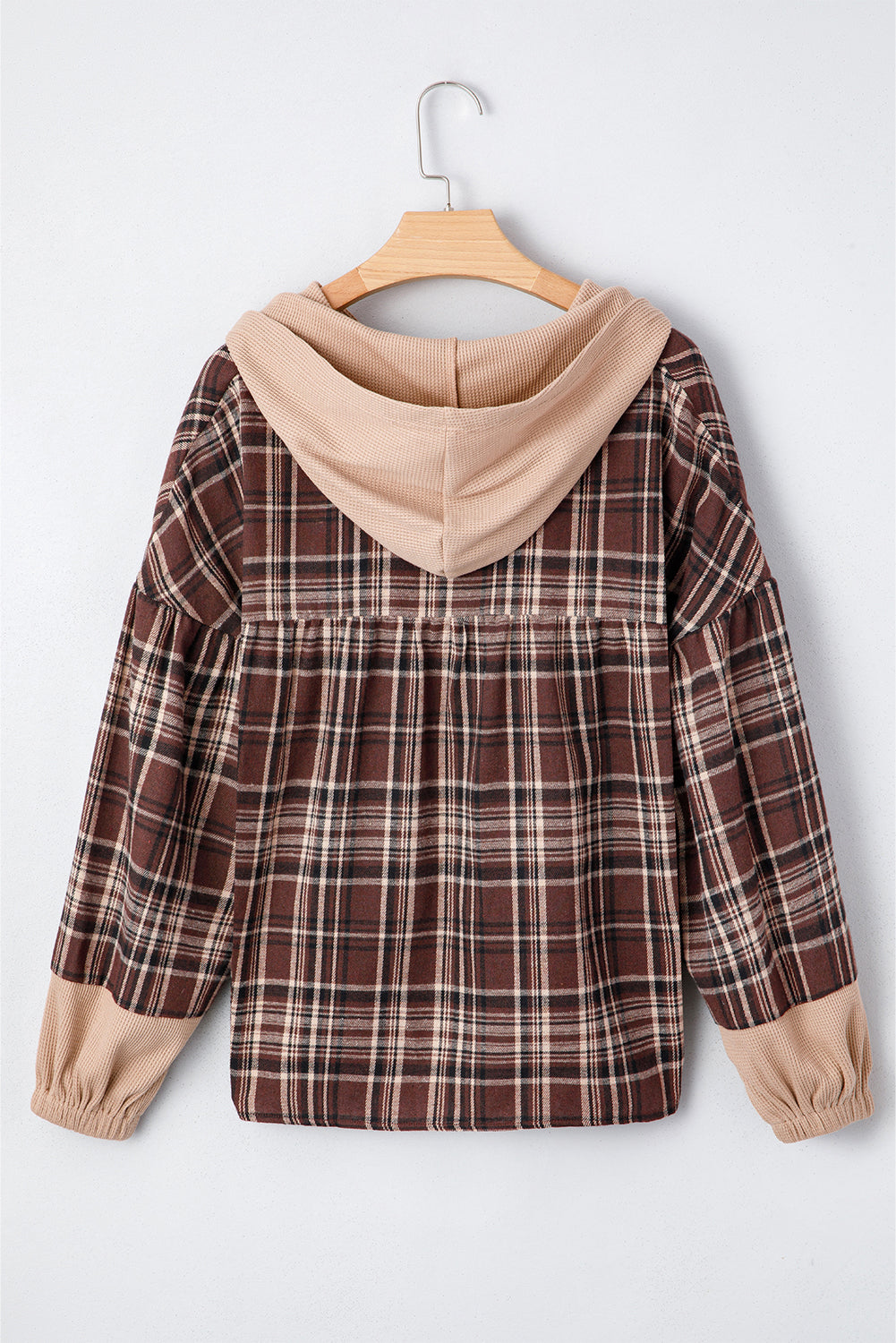 Gray Plaid Patchwork Long Sleeve Button Hooded Blouse