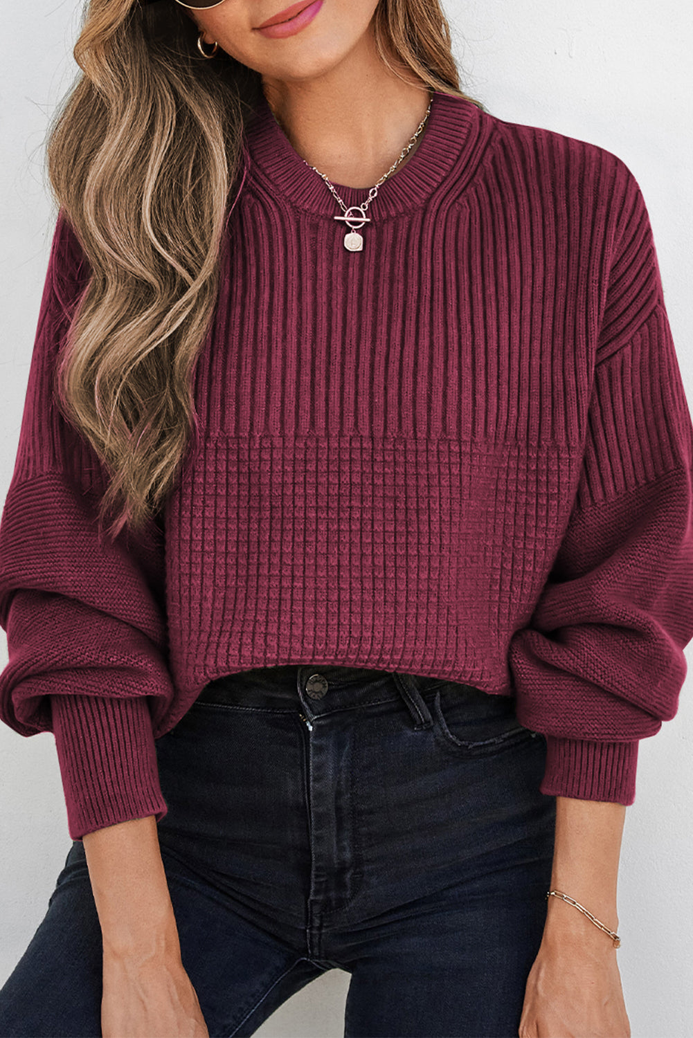 Vineyard Green Solid Color Mixed Textured Knitted Crew Neck Sweater