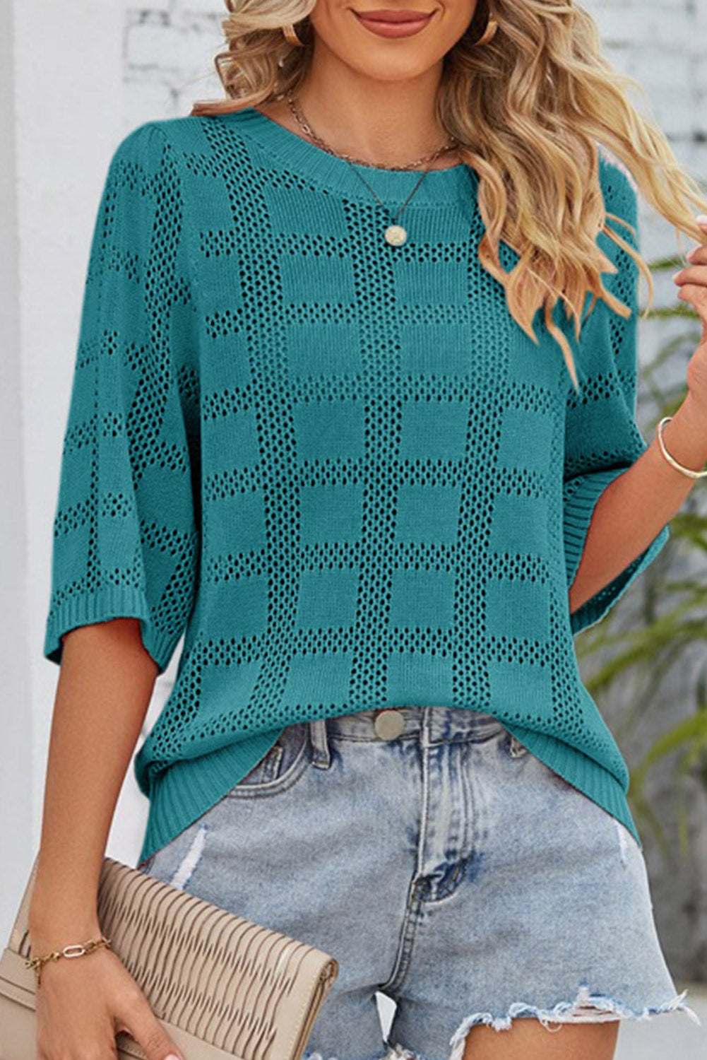 White Plaid Pattern Crochet Knit Short Sleeve Sweater