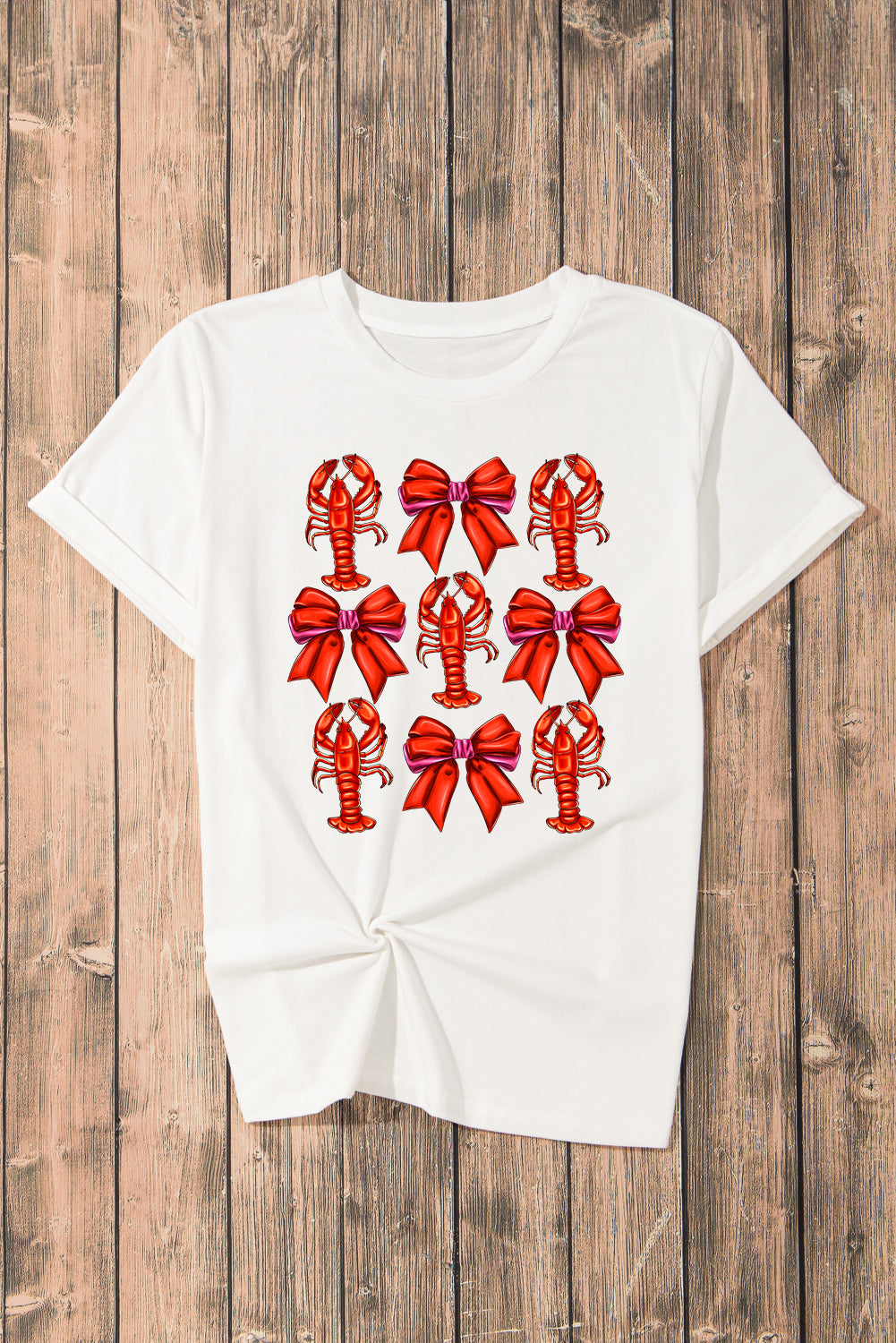 White Crawfish Bow Printed Casual T Shirt
