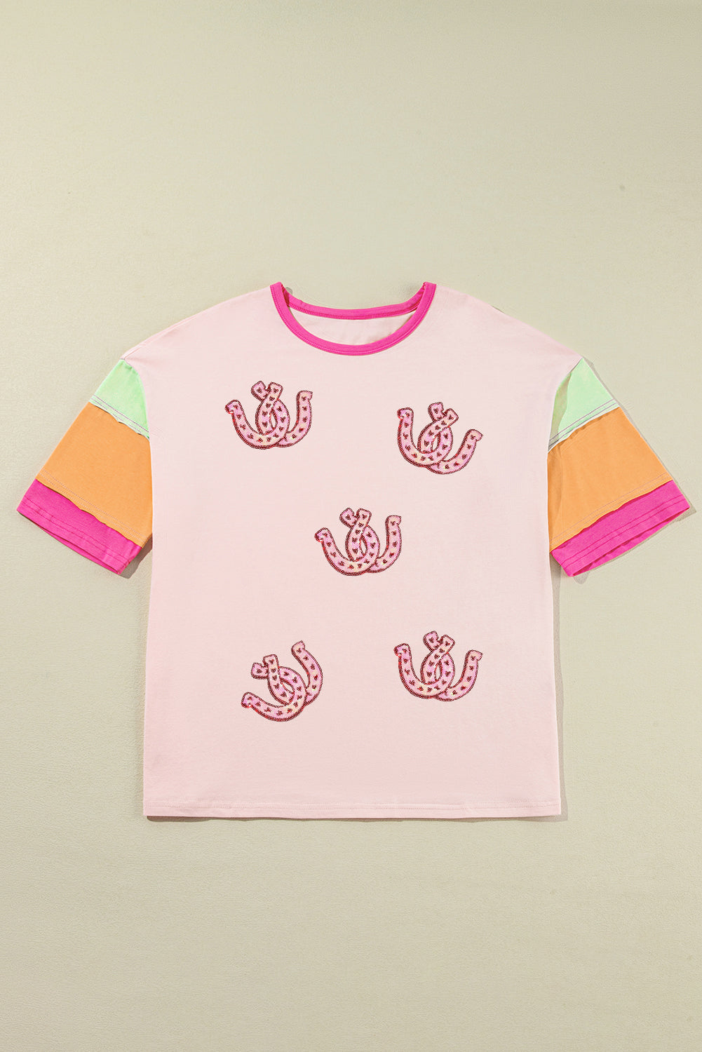 Pink Sequined Horseshoes Pattern Colorblock Half Sleeve Patchwork Tee