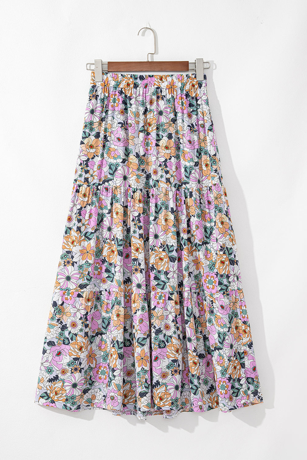 Orange Bohemian Floral Print Tiered Maxi Skirt with Split