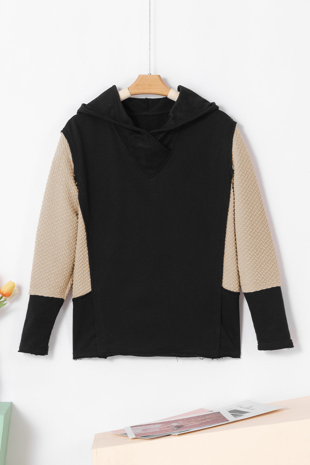 Chestnut Contrast Sleeves Patchwork Colorblock Hoodie