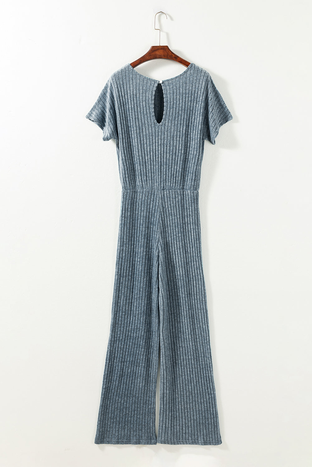 Dark Grey Ribbed Keyhole Short Sleeve Wide Leg Jumpsuit