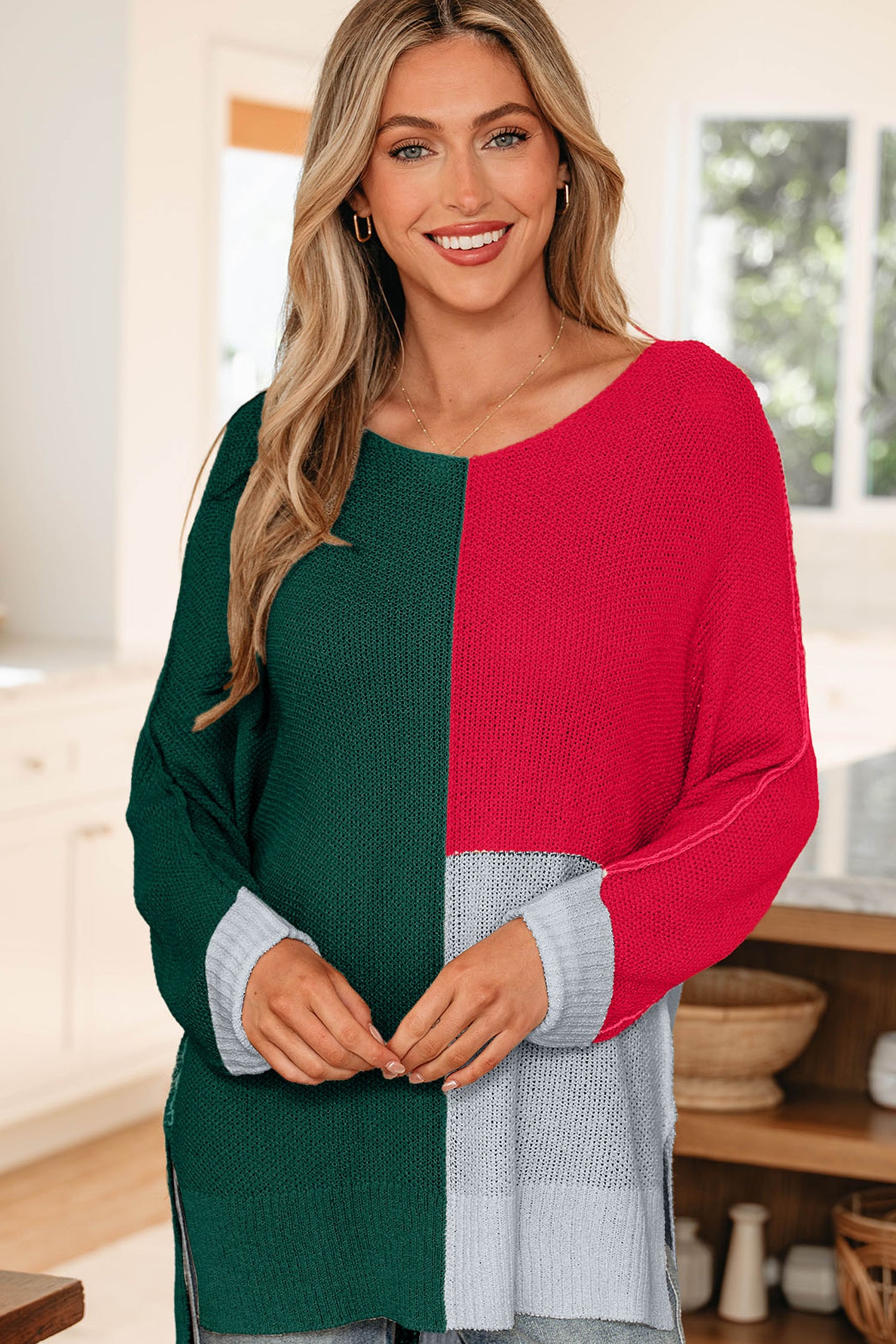 Black Color Block Knit V Neck Loose Sweater