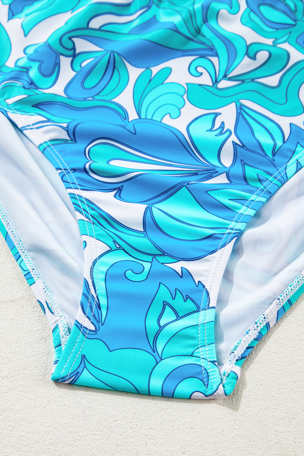 Sky Blue Floral Crossover Tie Back Halter Bikini with Swim Bottoms