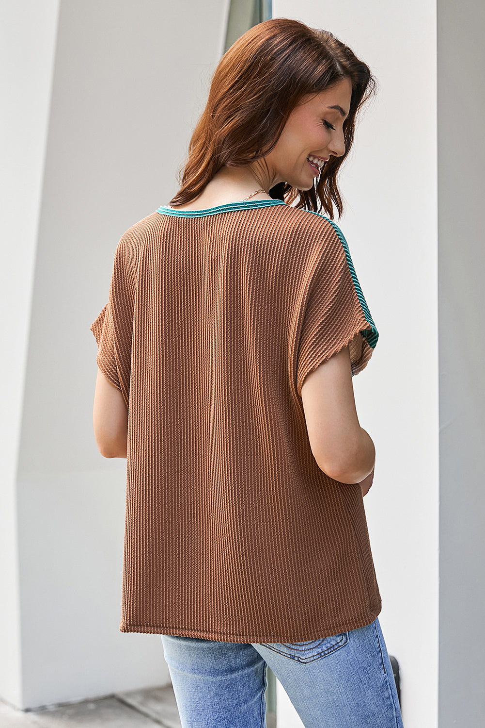 Chestnut Color Block Detail Twisted Rib Loose Tee