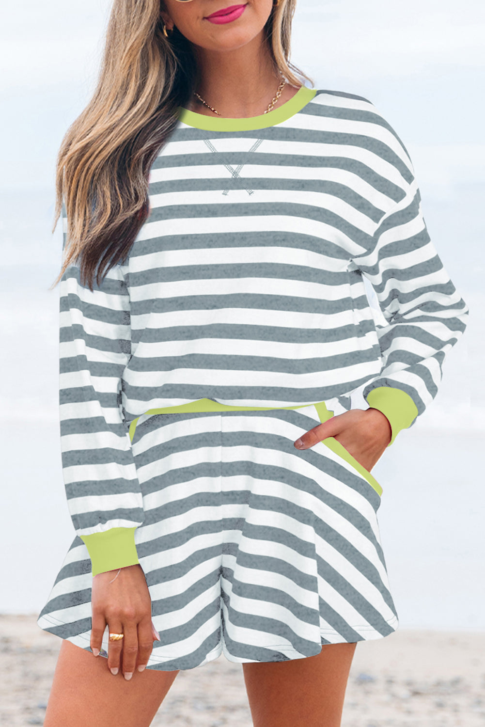 Black Stripe Color Block Edge Pullover and Shorts PLus Size Set