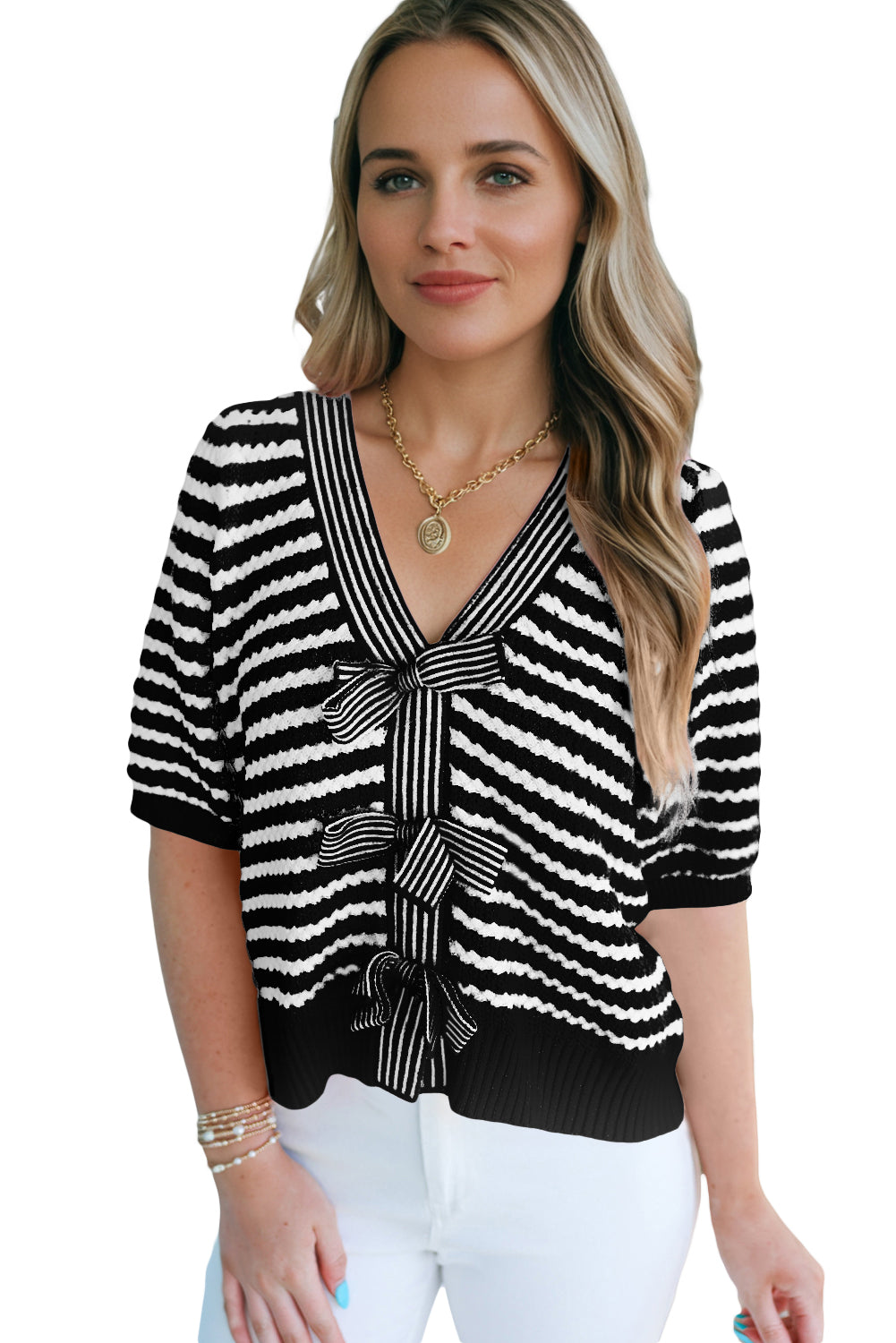 Green Stripe Short Sleeve Knit V Neck Bow Knot Sweater