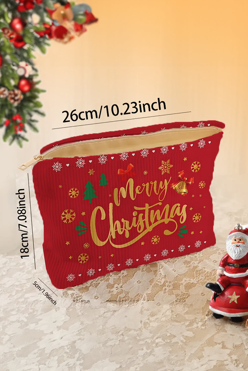 White Christmas Fashion Print Corduroy Zip Up Cosmetic Bag
