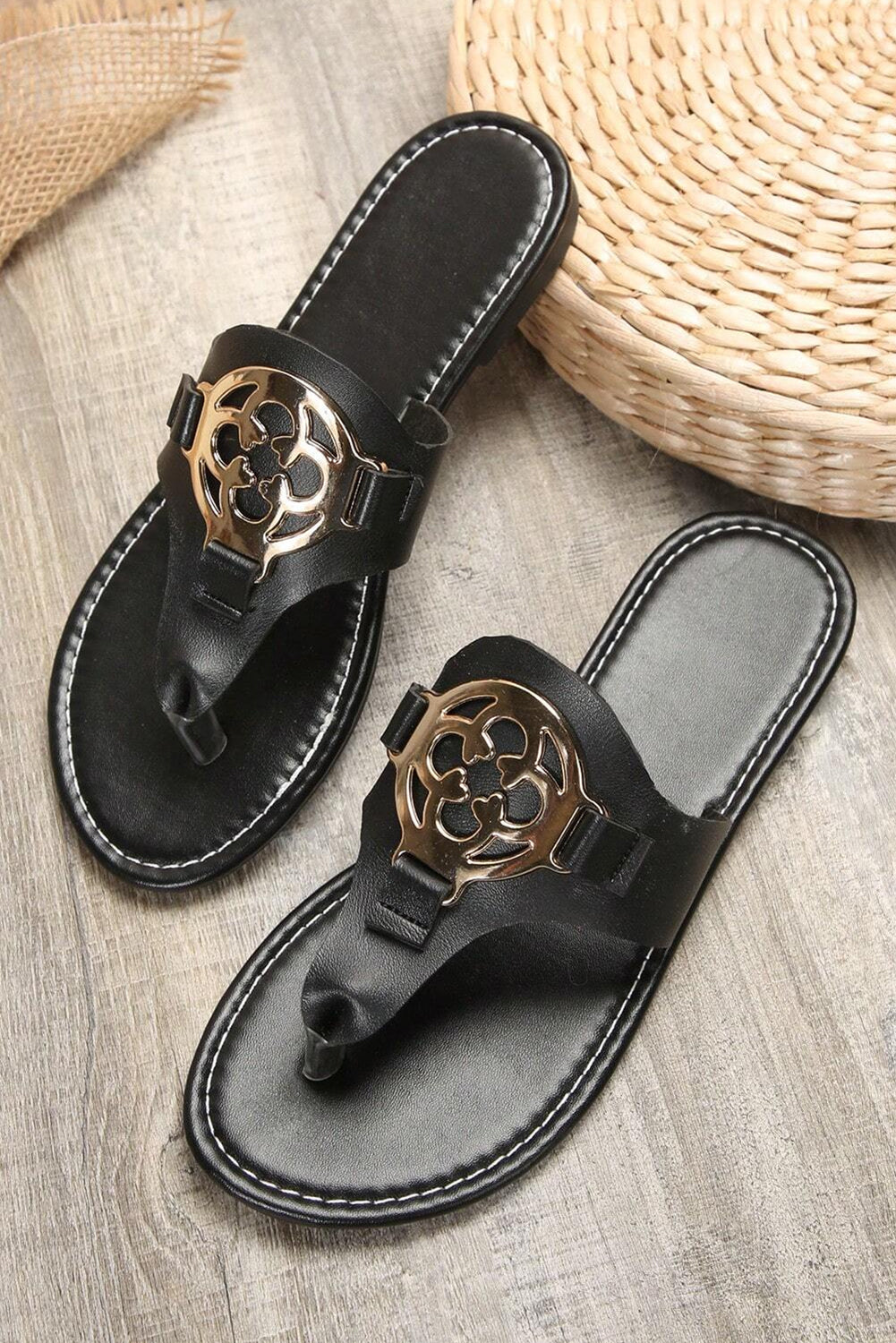 White Metal Decor Leather Thong Slippers