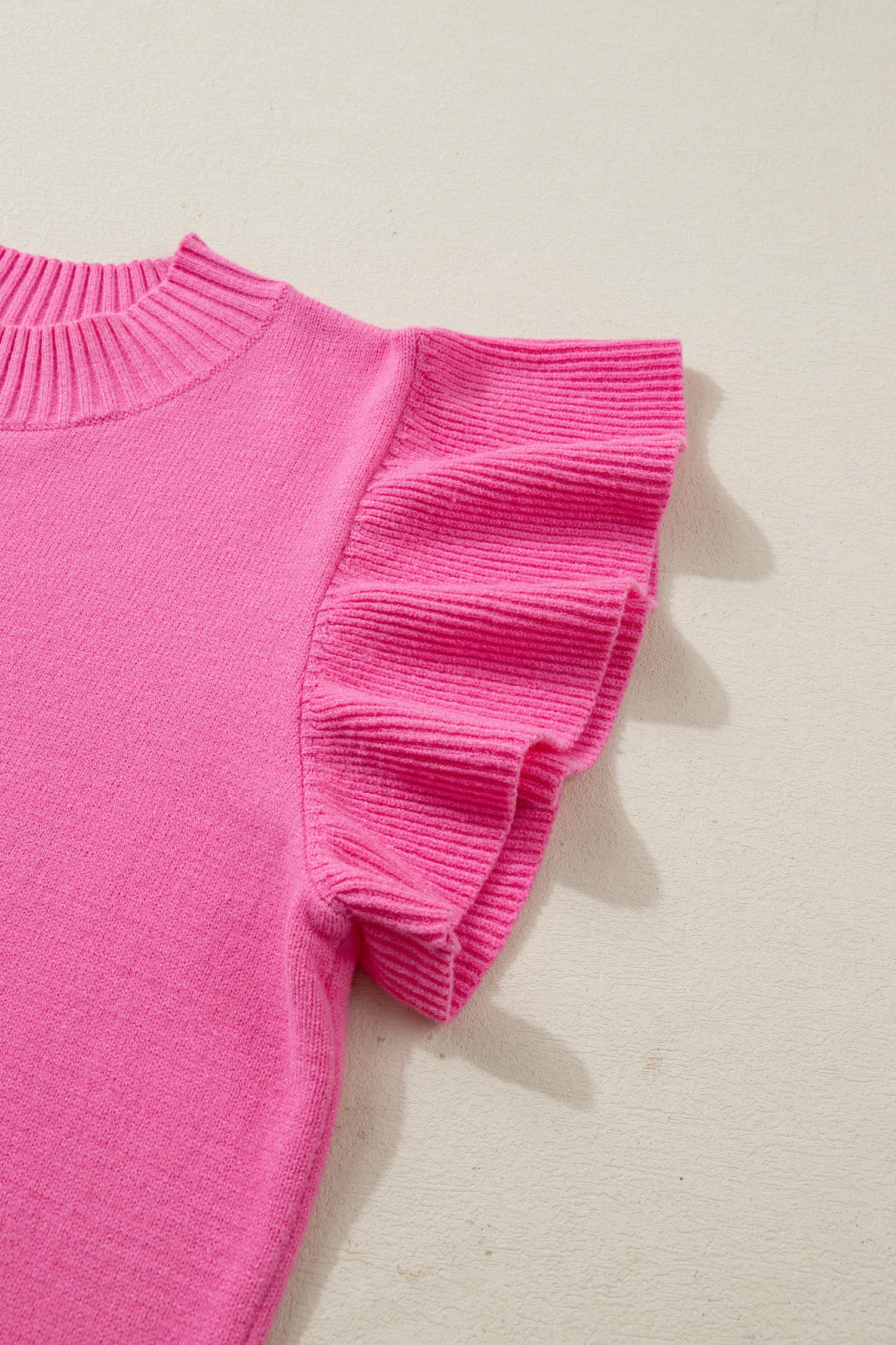 Beau Blue Solid Color Ribbed Trim Round Neck Ruffle Short Sleeve Sweater