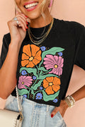 Black Colorful Flower Graphic Crewneck Summer Tee