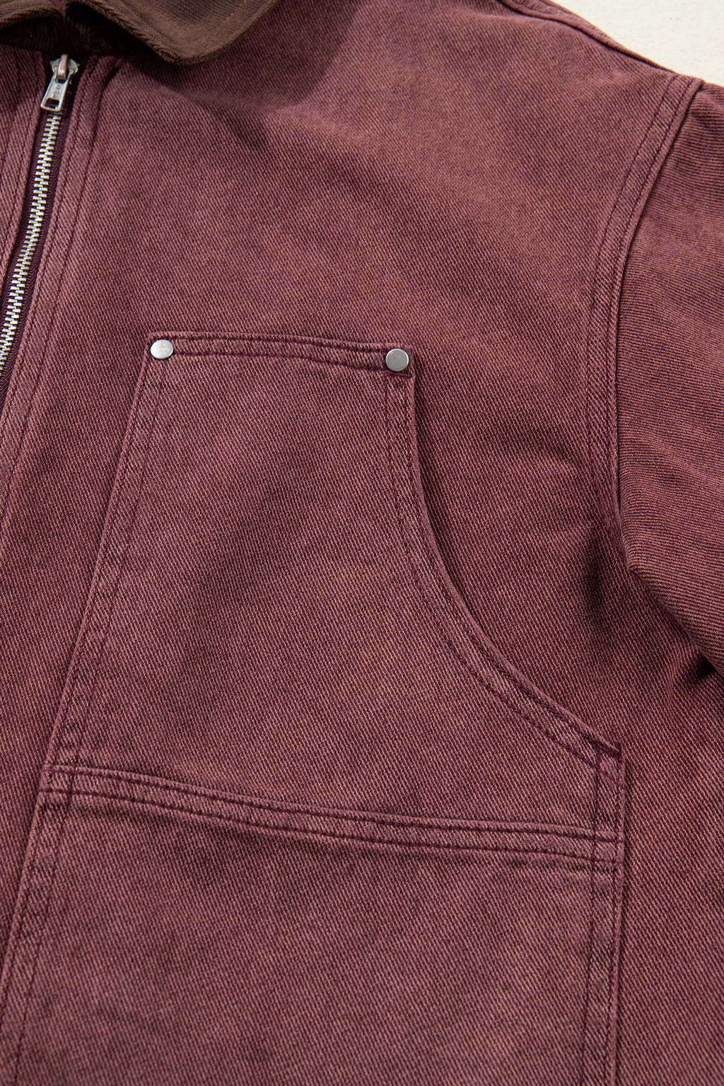 Coffee Corduroy Collar Zipped Front Denim Jacket