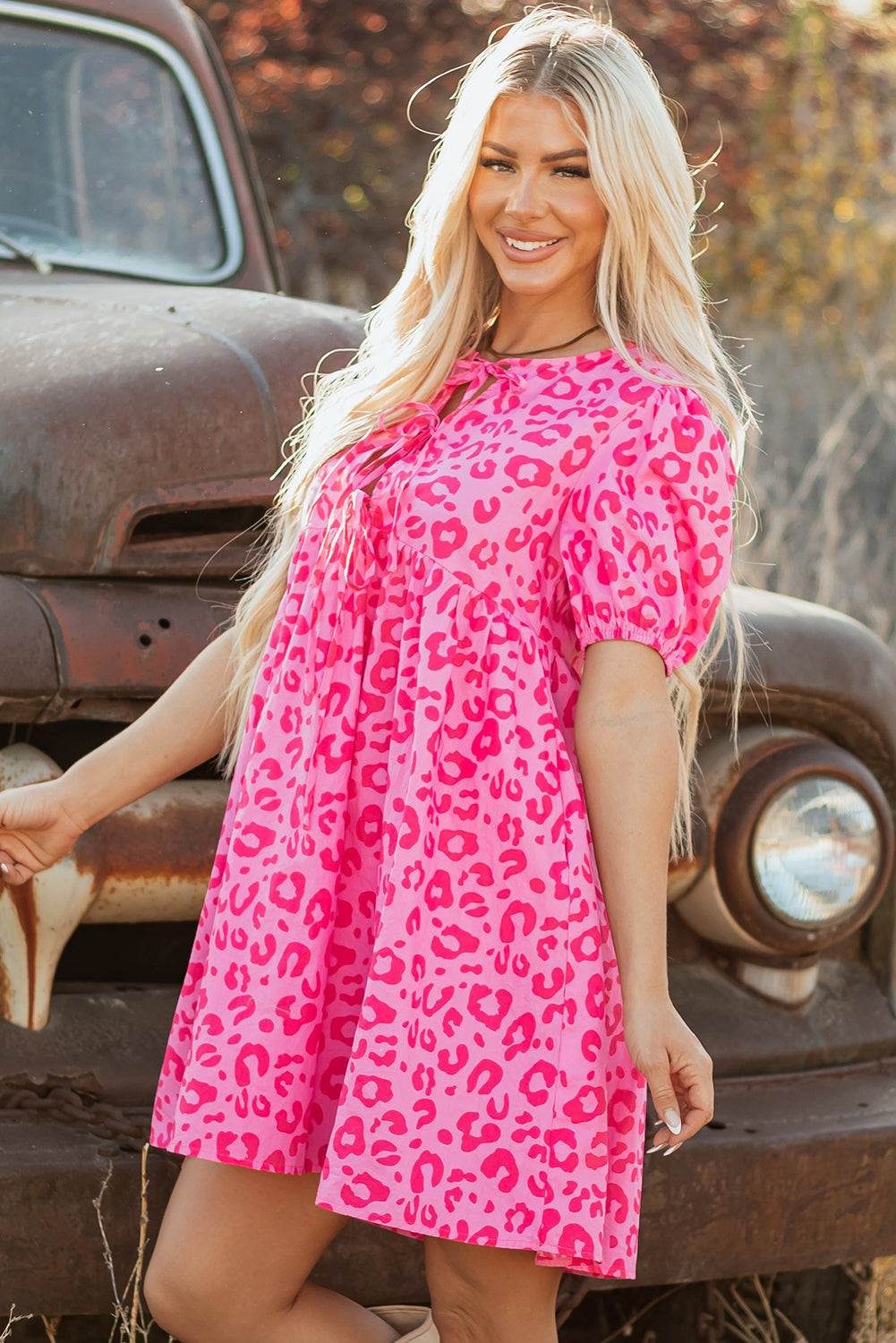 Bright Pink Solid Color Puff Sleeve Tie Front High Waist Mini Dress