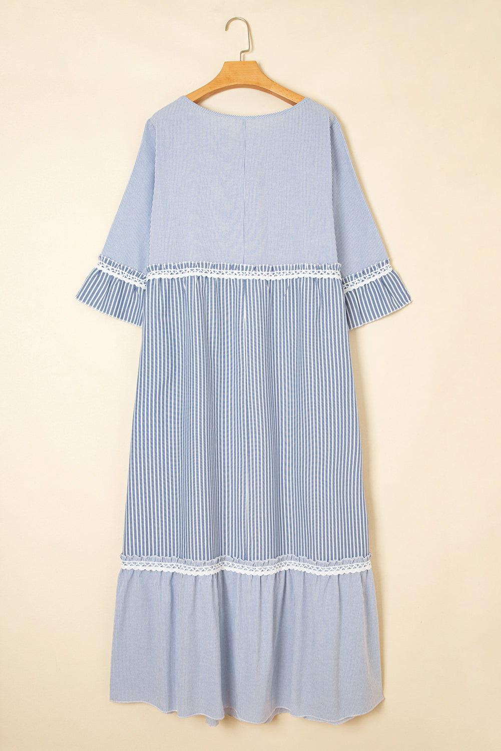 Sky Blue Stripe Patchwork Crossed Lace Detail Bracelet Sleeve Maxi Dress