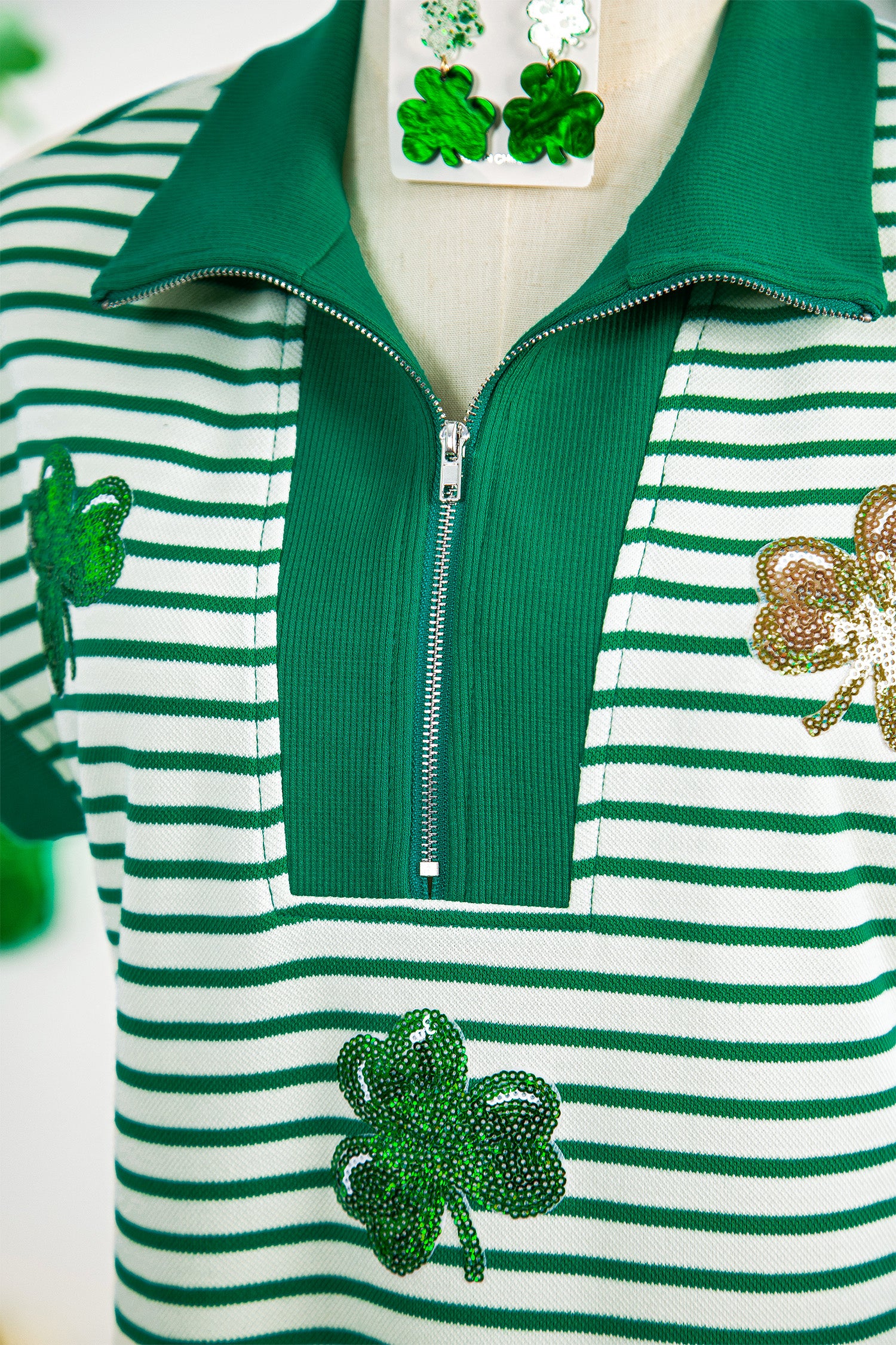 Green Stripe Magic St Patricks Day Sequin Graphic Zip Polo Tee Dress