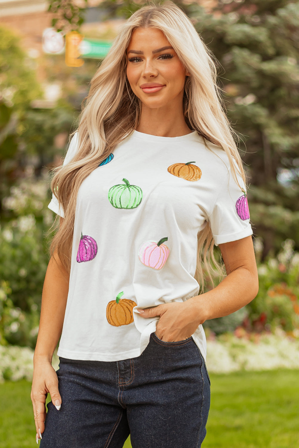 White Colorful Pumpkin Sequin Patched Drop Shoulder Sweatshirt