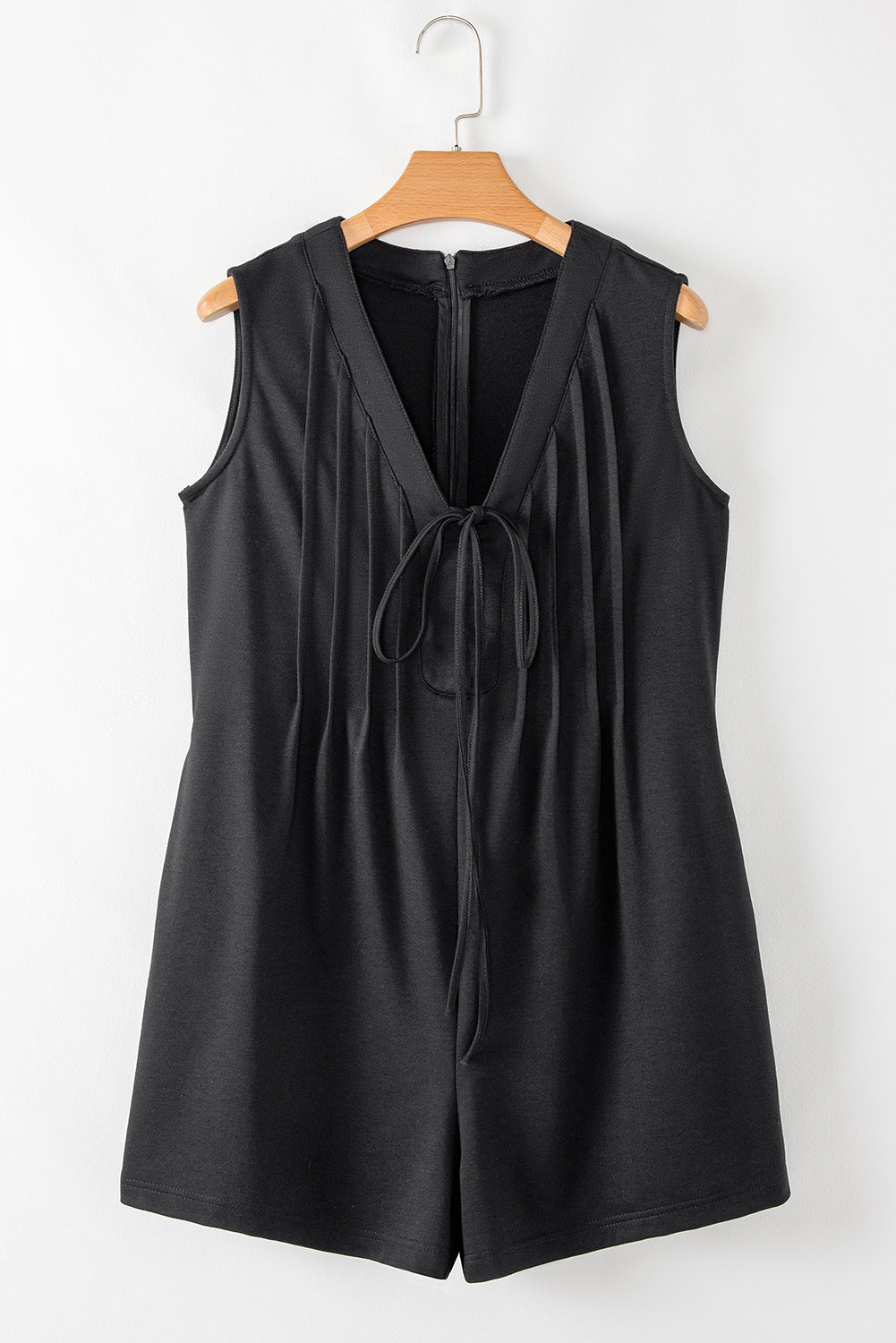 Smoke Green Tie V Neck Pintuck Sleeveless Loose Romper