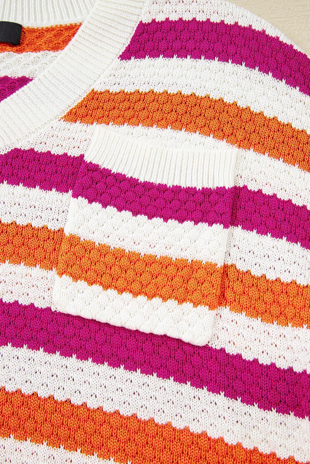 Rose Stripe V Neck Short Sleeve Sweater with Side Slits