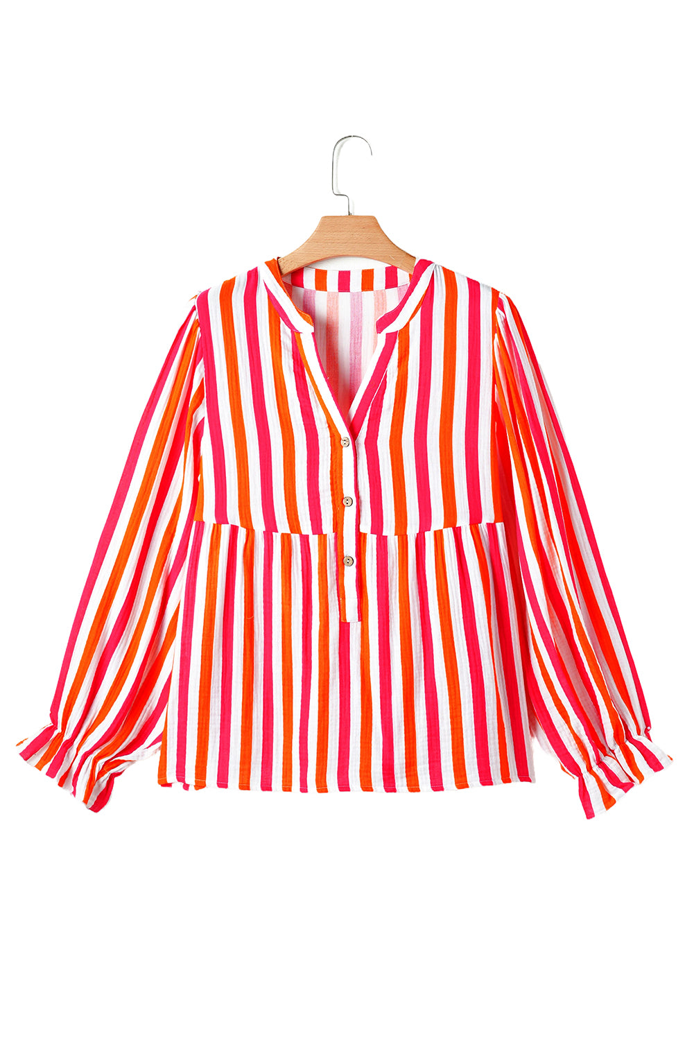 Orange Stripe Balloon Sleeve Notched V Neck Buttoned Front Blouse