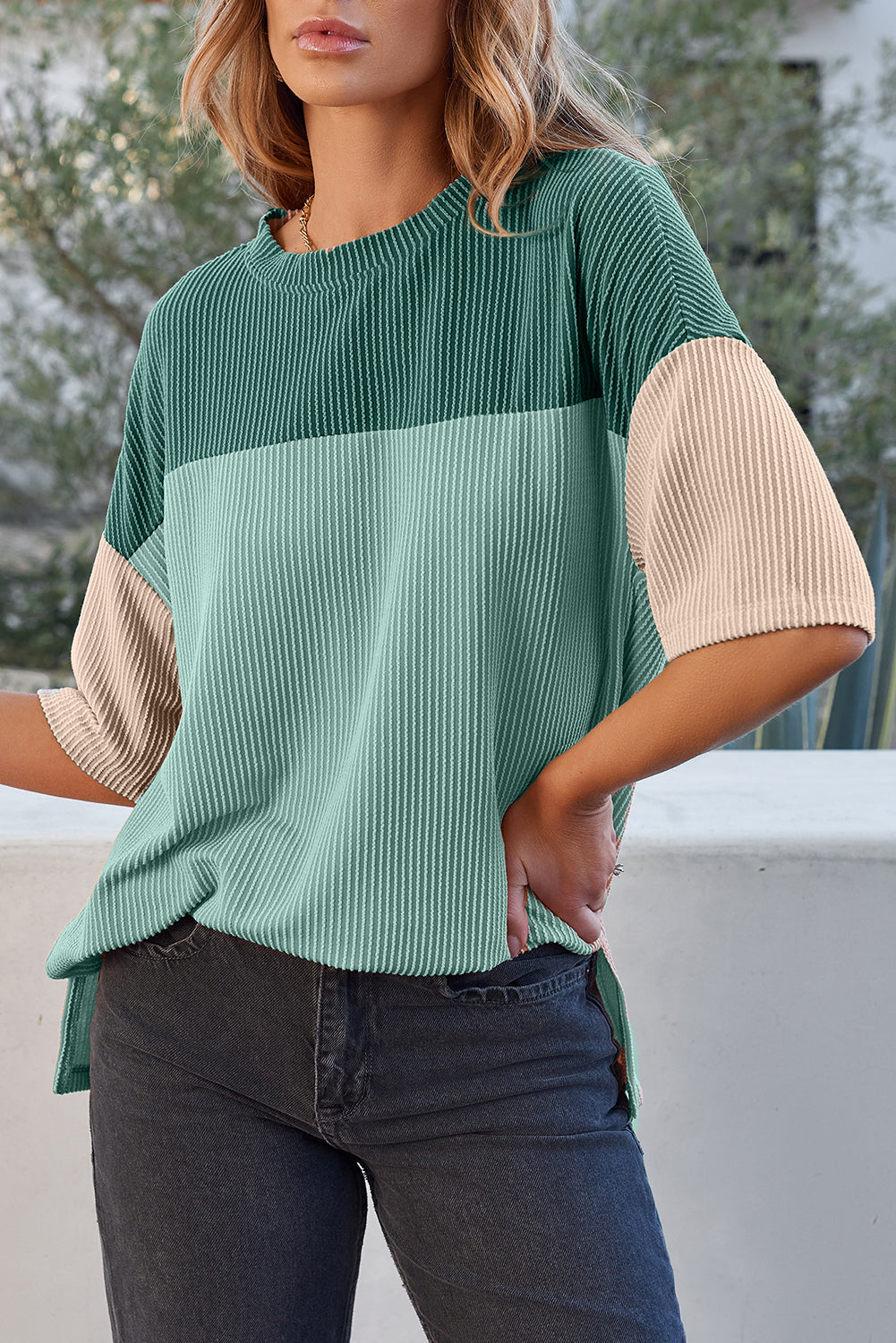 Pink Color Block Ribbed Side Slits Half Sleeve Top