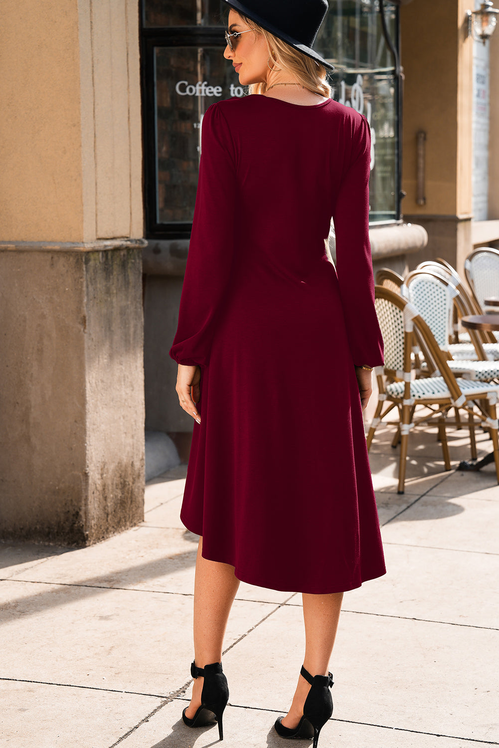 Fiery Red Solid Color Ruched Detail Long Sleeve Midi Dress