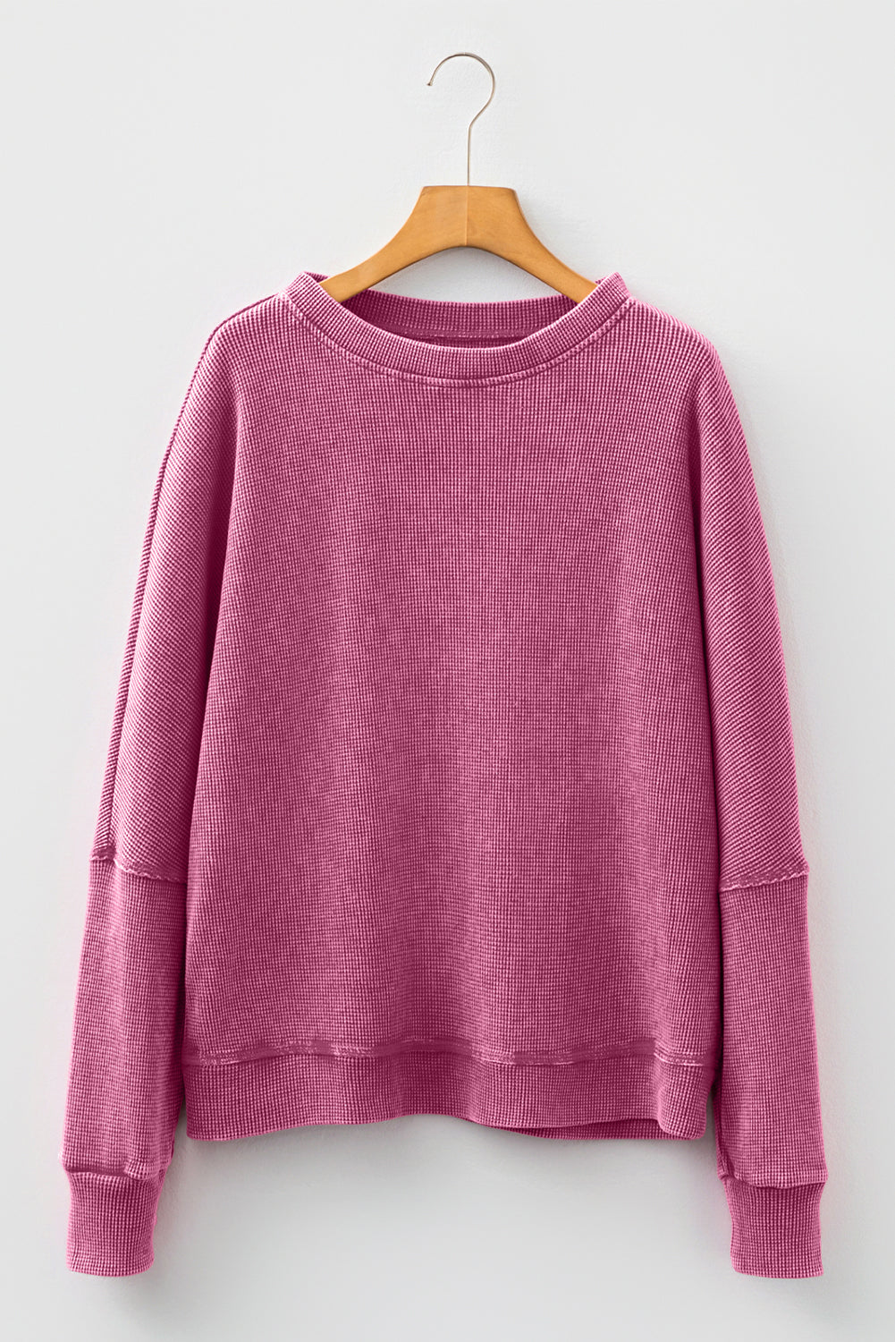 Dark Brown Waffle Knit Patchwork Long Sleeve Loose Top