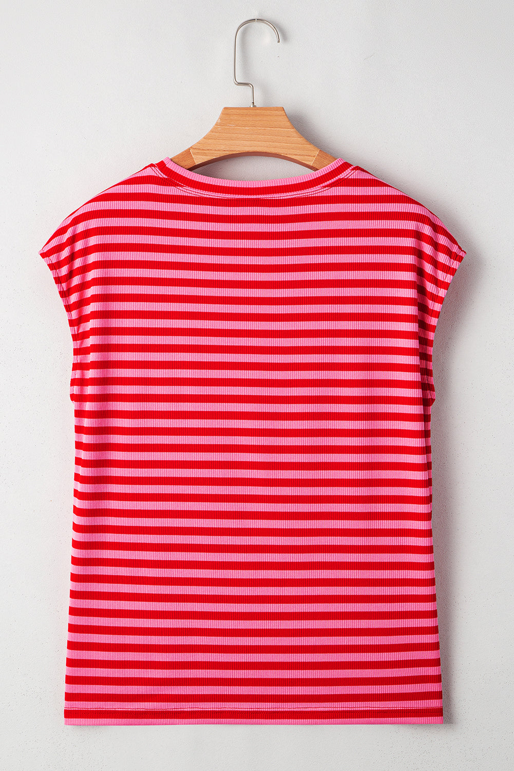 Sky Blue Stripe Ribbed Cap Sleeve Round Neck T Shirt
