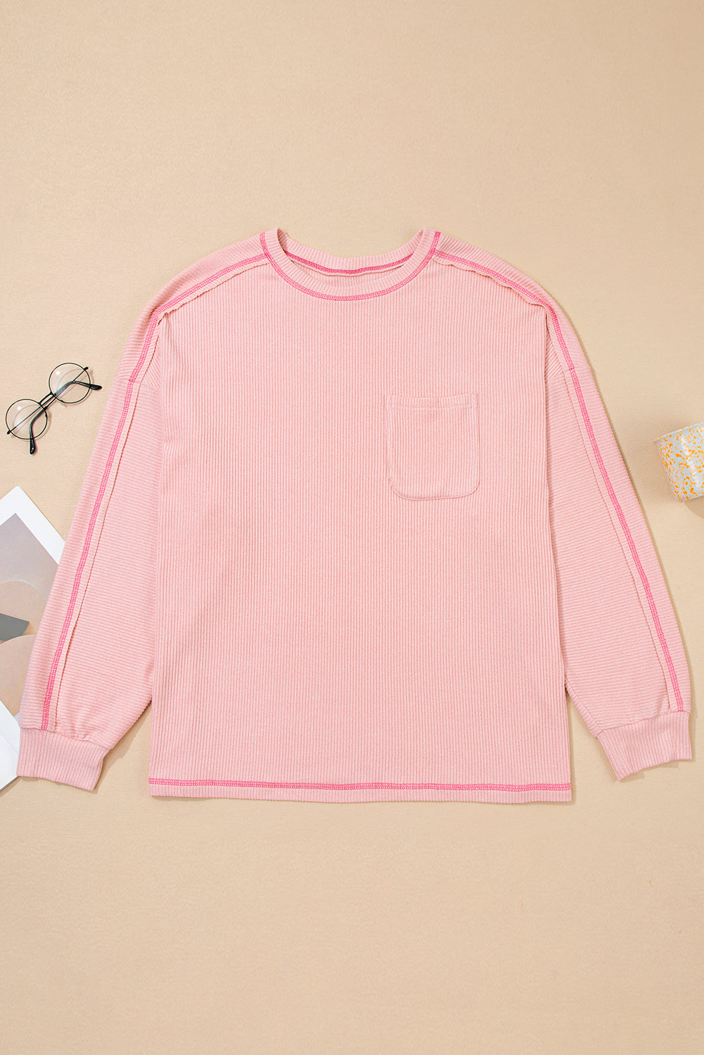 Bonbon Ribbed Exposed Seam Round Neck Chest Pocket Plus Knit Top