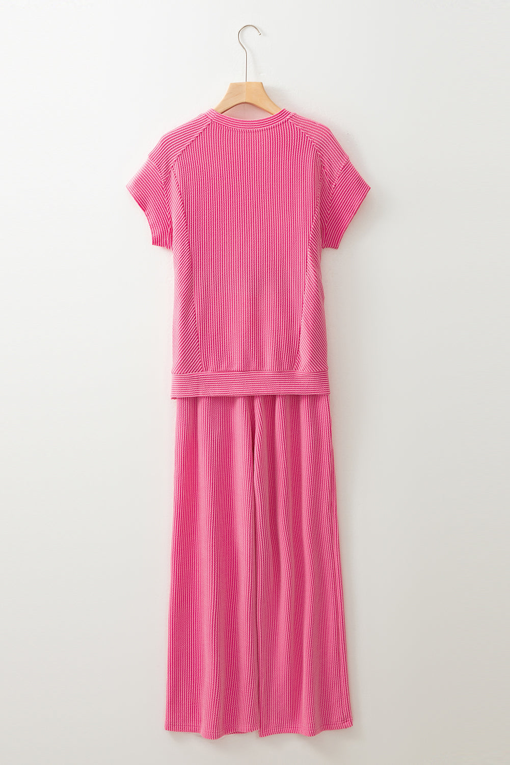 Blue Solid Corded Knit Short Sleeve T Shirt and Wide Leg Pants Set