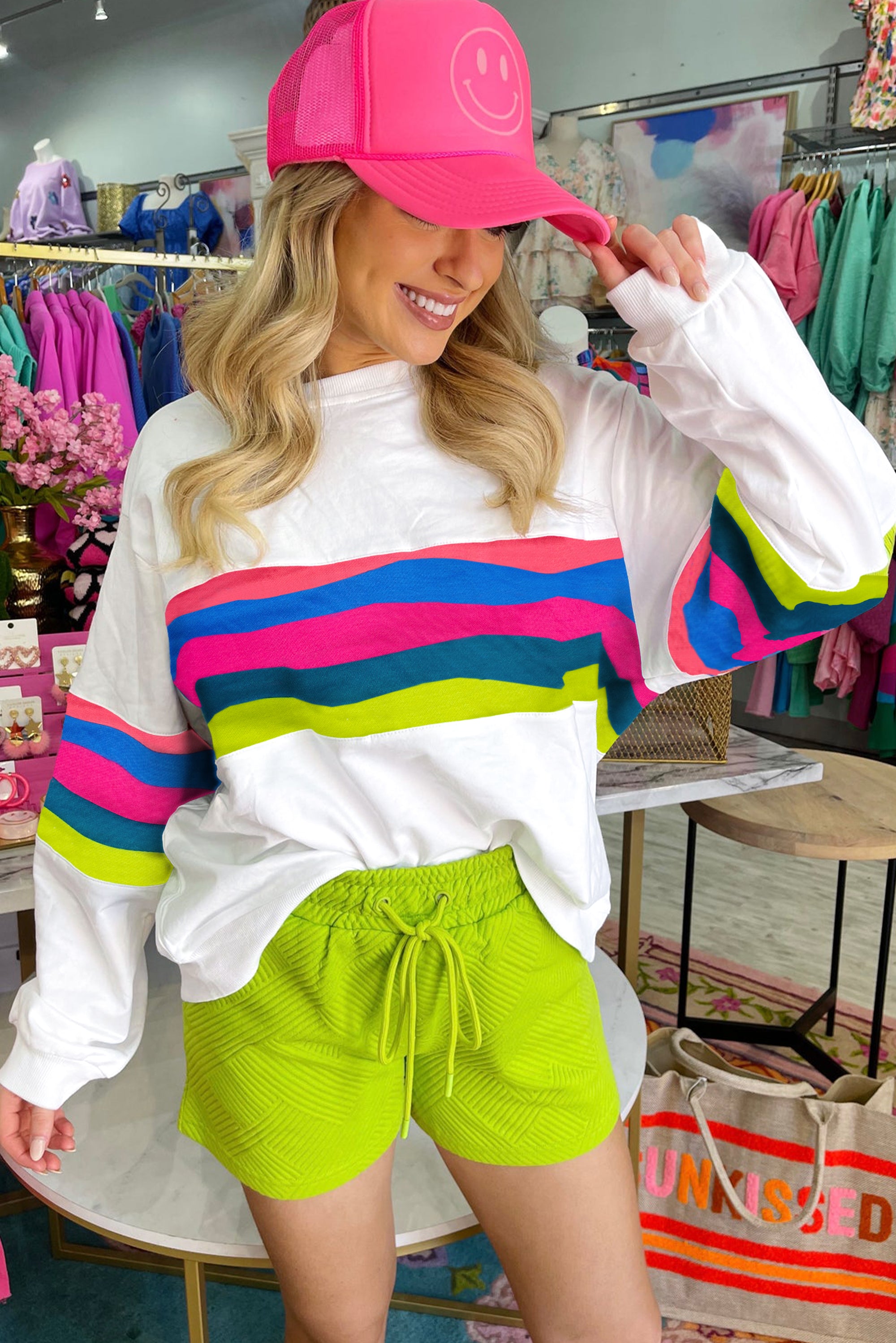 White Plus Size Colorful Striped Drop Shoulder Loose Sweatshirt