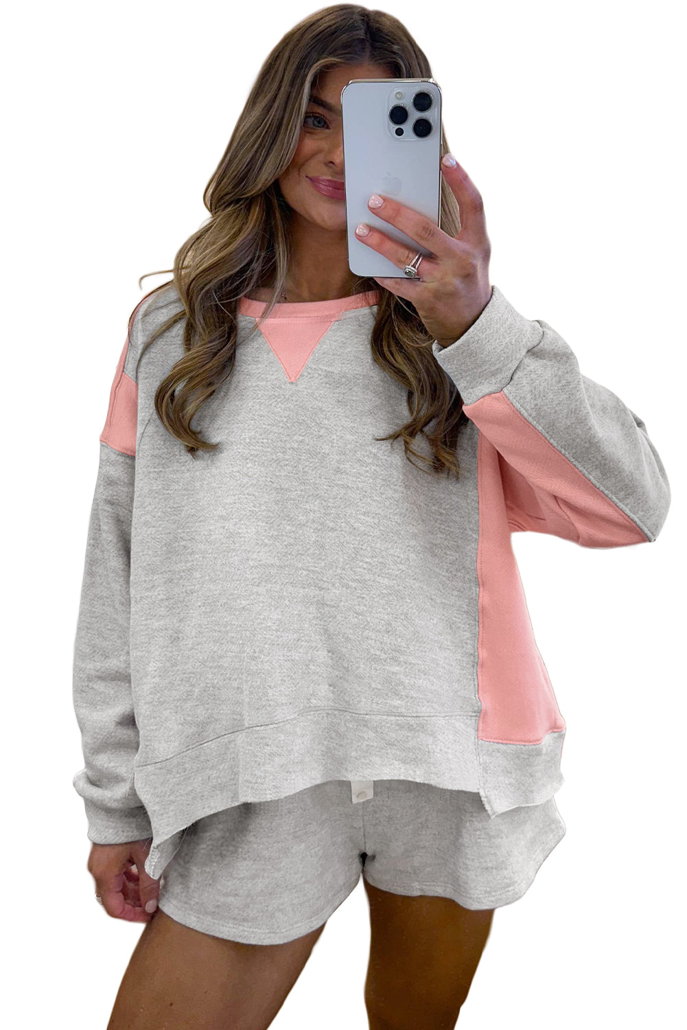Light Grey Uneven Hem Colorblock Pullover Casual Shorts Plus Size 2pcs Outfit